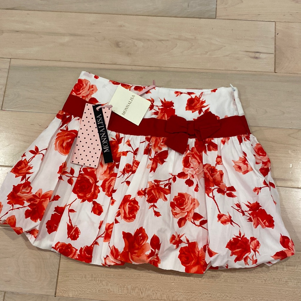 Monnalisa Girls White Red Floral Bubble Bow Accent Crisp Cotton Skirt